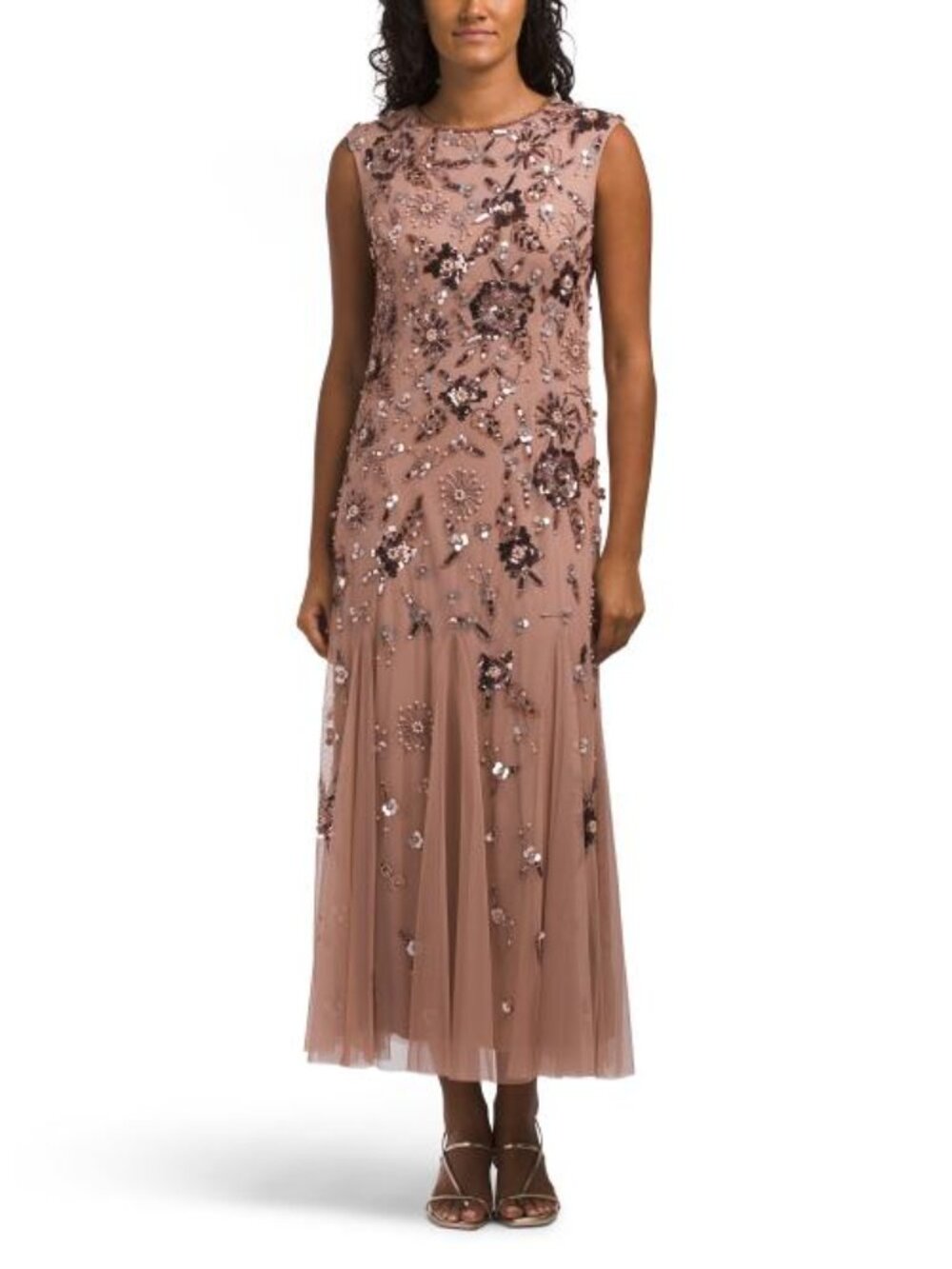 ADRIANNA PAPELL Sleeveless Floral Beaded Midi Dress
